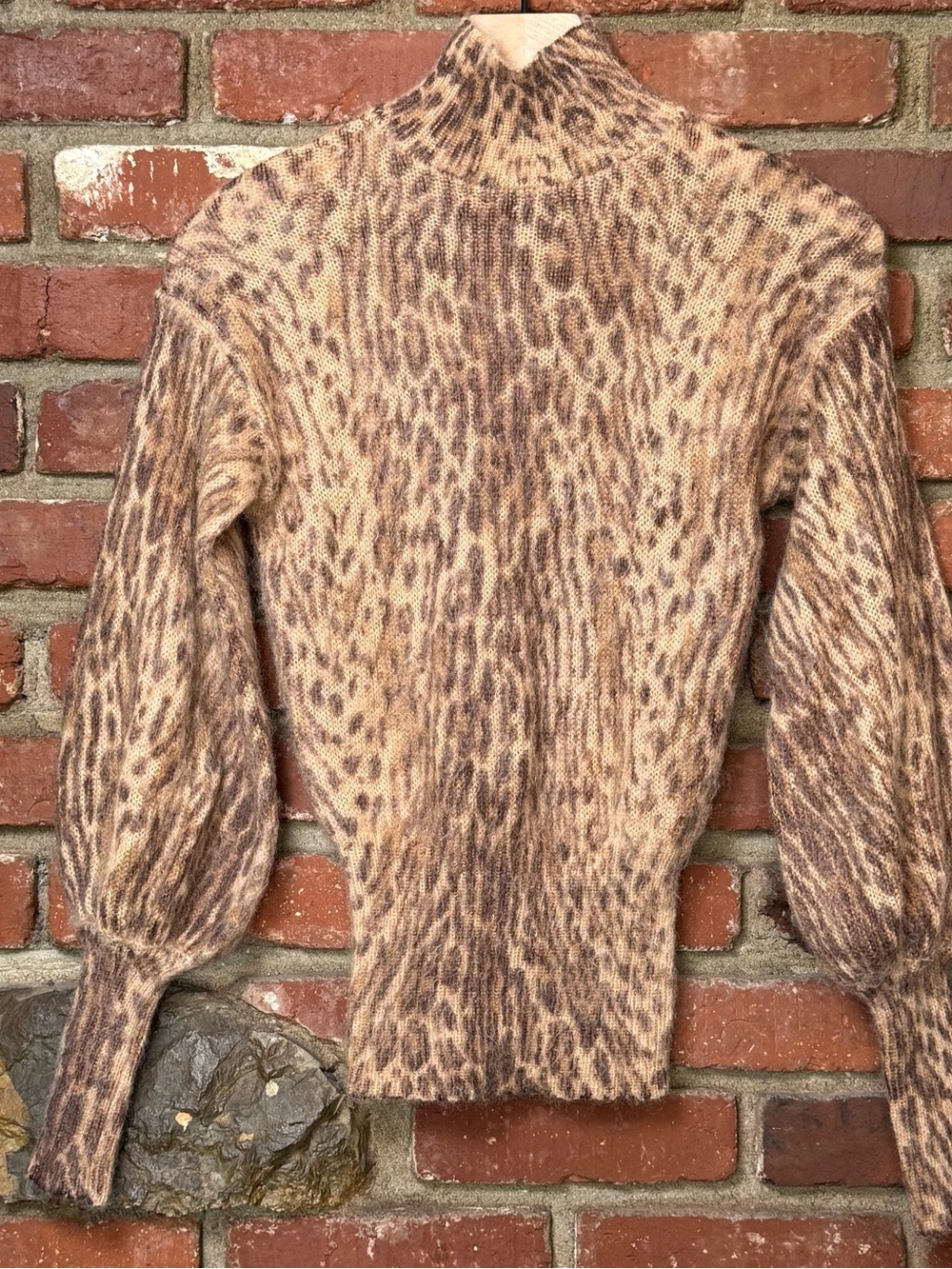 Zimmermann Brown Leopard Print Mohair Knit Sweater Puff Sleeve Turtleneck Size 0